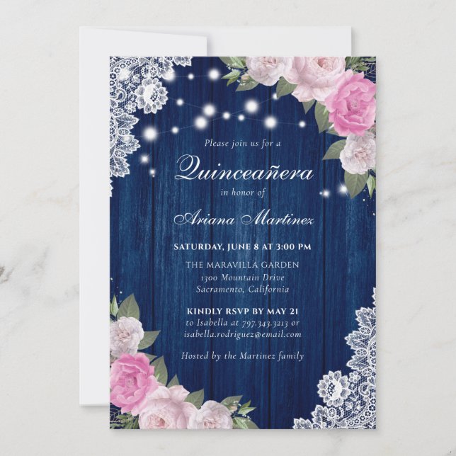 Rustic Navy Blue Blush Pink Floral Quinceañera Invitation (Front)