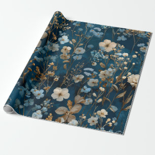 Rustic Navy Blue Botanical Elegant Vintage Floral Wrapping Paper