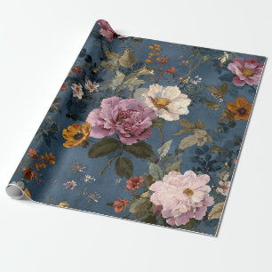 Rustic Navy Blue Botanical Elegant Vintage Floral Wrapping Paper