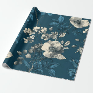 Rustic Navy Blue Botanical Elegant Vintage Floral Wrapping Paper