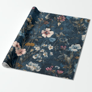 Rustic Navy Blue Botanical Elegant Vintage Floral Wrapping Paper