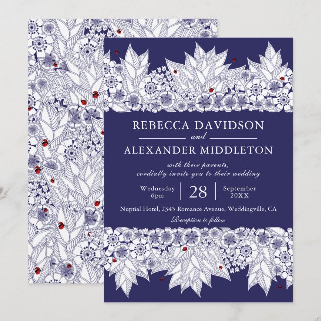 Rustic Navy Blue Botanical Wedding Invitation (Front/Back)