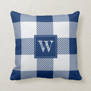 Rustic Navy Blue Buffalo Plaid Check Monogram Cushion