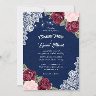 Rustic Navy Blue Burgundy Blush Burlap Wedding Invitation