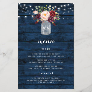 Rustic Navy Blue Burgundy Blush Wedding Menu Cards