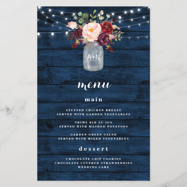 Rustic Navy Blue Burgundy Blush Wedding Menu Cards (Front)