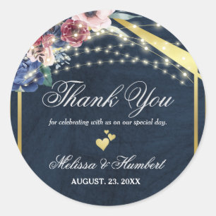 Rustic Navy Blue Burgundy String Lights Wedding Classic Round Sticker