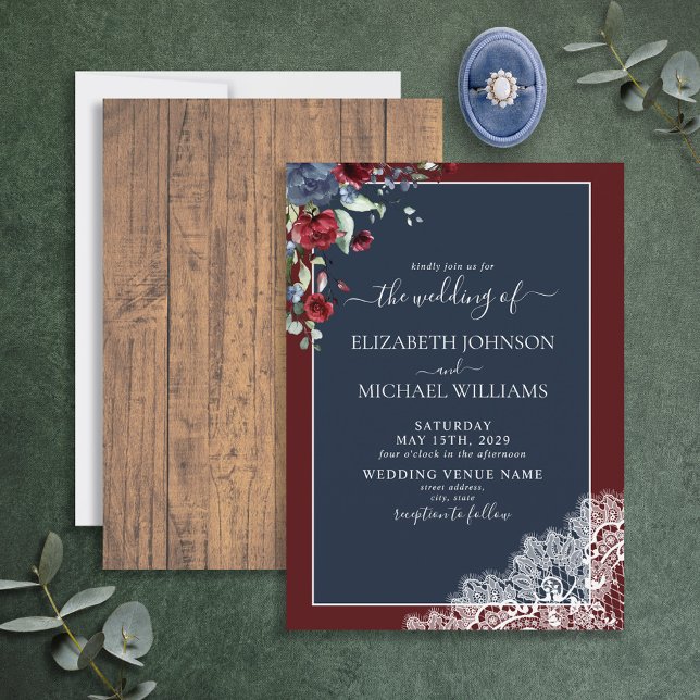 Rustic Navy Blue Burgundy Wood Script Wedding  Invitation (Creator Uploaded)