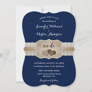 Rustic Navy Blue Burlap and Lace Wedding Invitation