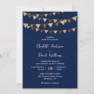 Rustic Navy Blue Burlap Bunting Wedding Invitation