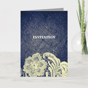 rustic navy blue burlap lace country wedding invitation