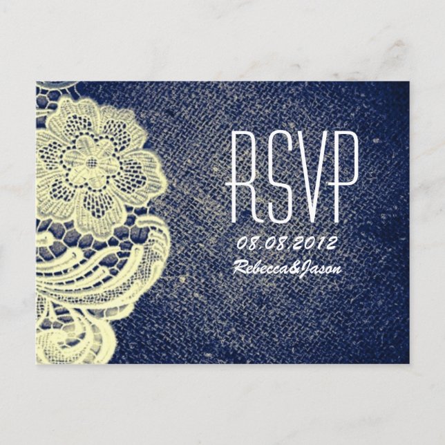 rustic navy blue burlap lace country wedding RSVP Invitation Postcard (Front)