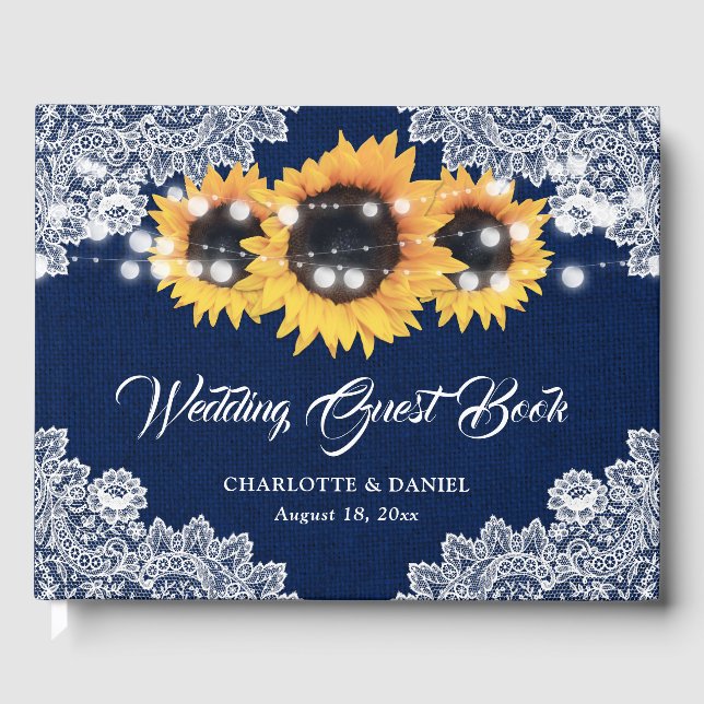 Rustic Navy Blue Burlap Lace Sunflower Wedding Guest Book (Front)