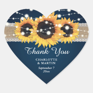 Rustic Navy Blue Burlap Lace Sunflower Wedding Heart Sticker