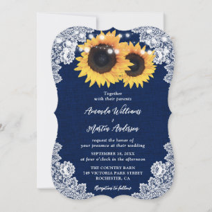 Rustic Navy Blue Burlap Lace Sunflower Wedding Invitation