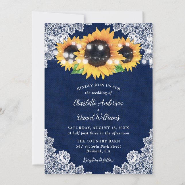 Rustic Navy Blue Burlap Lace Sunflower Wedding Invitation (Front)