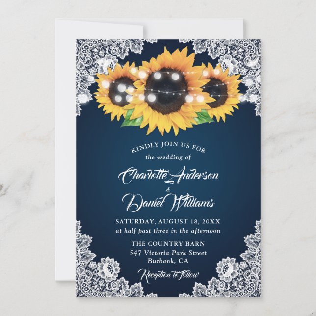 Rustic Navy Blue Burlap Lace Sunflower Wedding Invitation (Front)