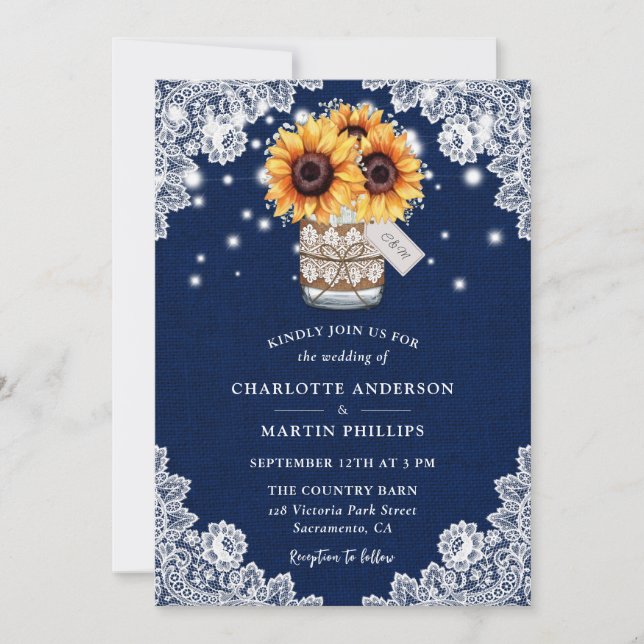 Rustic Navy Blue Burlap Lace Sunflower Wedding Invitation (Front)