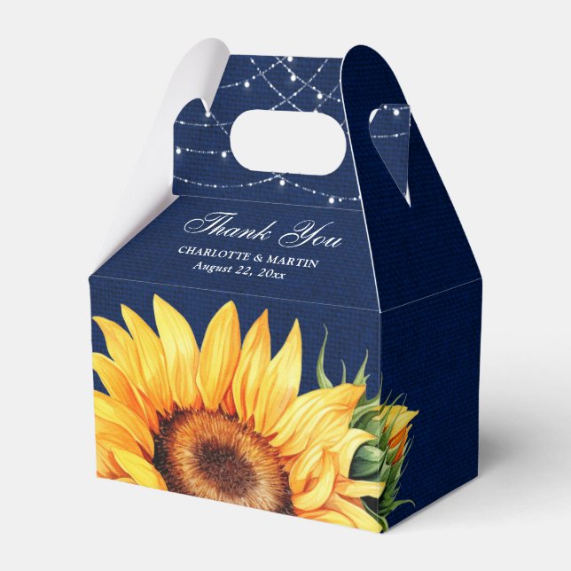 Rustic Navy Blue Burlap Sunflower Floral Monogram Favour Box (Front Side)