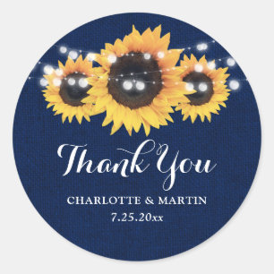 Rustic Navy Blue Burlap Sunflower Wedding Favour Classic Round Sticker