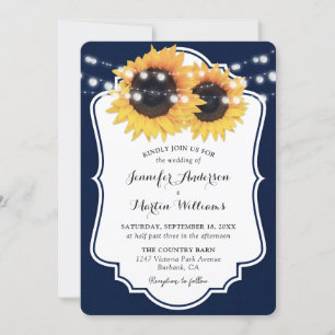 Rustic Navy Blue Burlap Sunflower Wedding Invitation