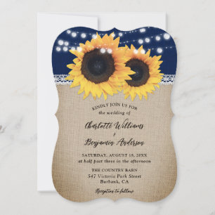 Rustic Navy Blue Burlap Sunflower Wedding Invitation