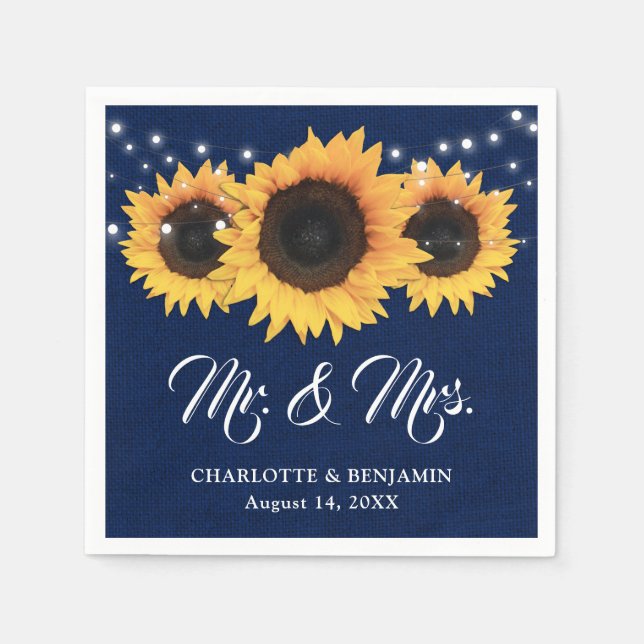 Rustic Navy Blue Burlap Sunflower Wedding Napkin (Front)