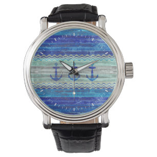 Rustic Navy Blue Coastal Anchors Watch