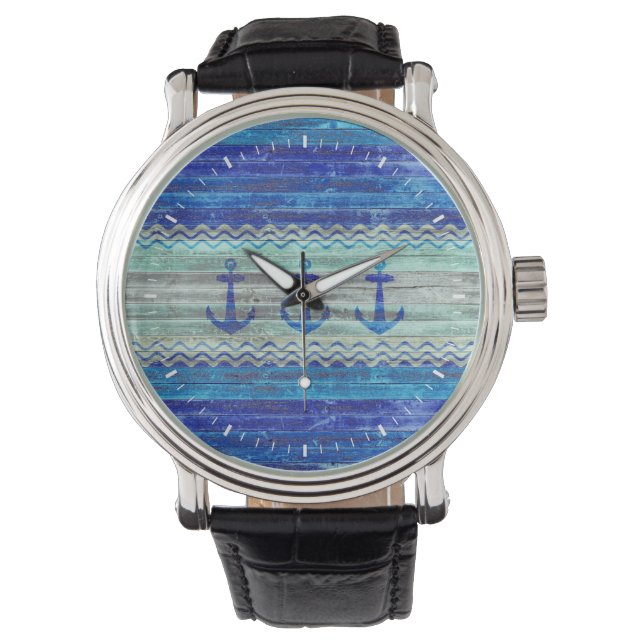 Rustic Navy Blue Coastal Anchors Watch (Front)