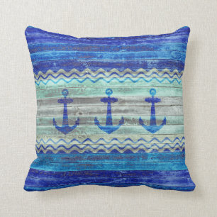 Rustic Navy Blue Coastal Decor Anchors Cushion