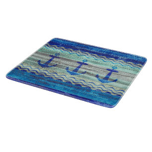 Rustic Navy Blue Coastal Decor Anchors Cutting Board