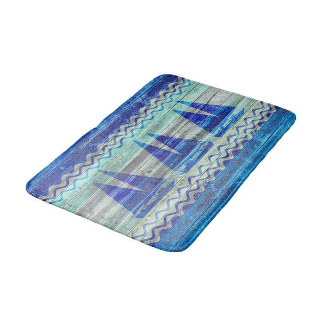 Rustic Navy Blue Coastal Decor Sailboats Bath Mat (Angled)