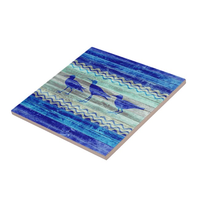Rustic Navy Blue Coastal Decor Sandpipers Ceramic Tile (Side)