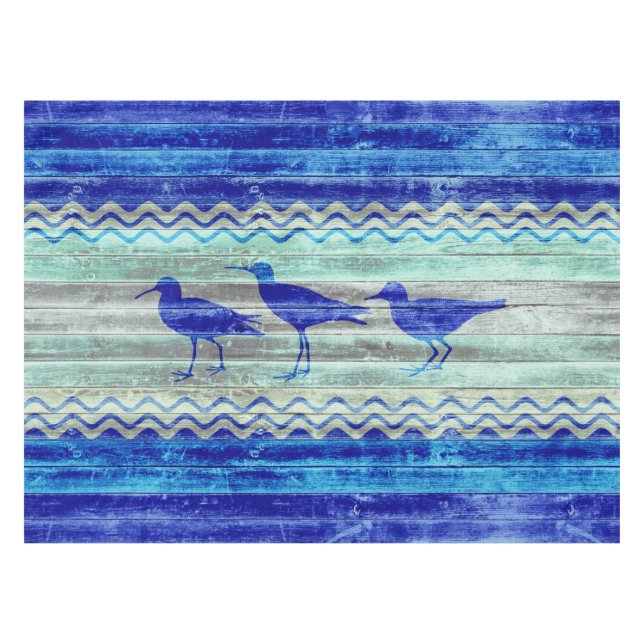 Rustic Navy Blue Coastal Decor Sandpipers Tablecloth (Front (Horizontal))