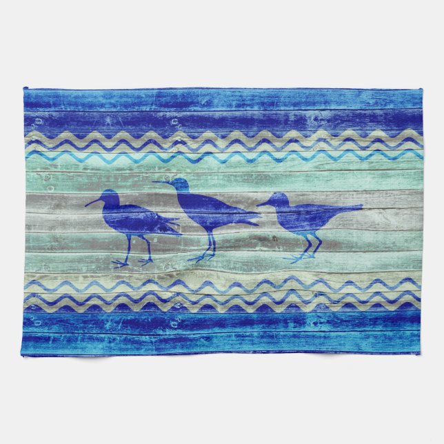 Rustic Navy Blue Coastal Decor Sandpipers Tea Towel (Horizontal)