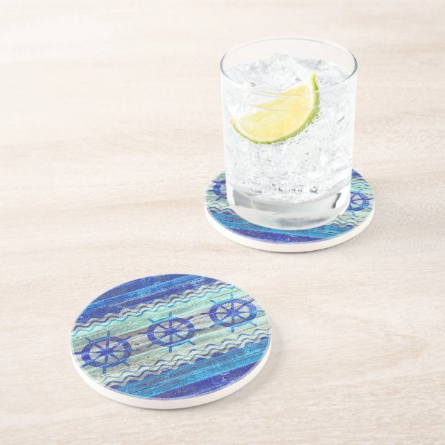 Rustic Navy Blue Coastal Decor Ship Wheels Coaster (Side)