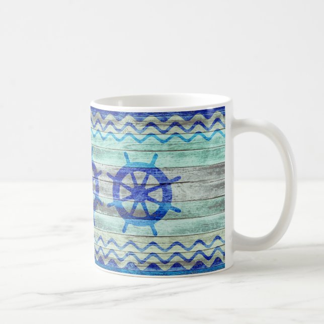 Rustic Navy Blue Coastal Ship Helm Coffee Mug (Right)