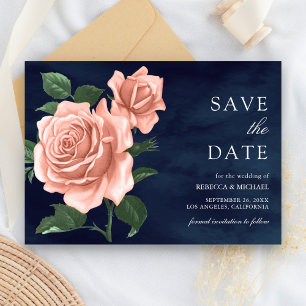 Rustic Navy Blue Dusty Peach Roses Wedding Save The Date