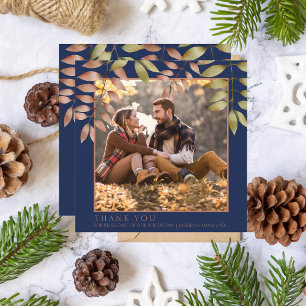 Rustic Navy Blue Fall Autumn Leaves Photo Wedding Thank You Card