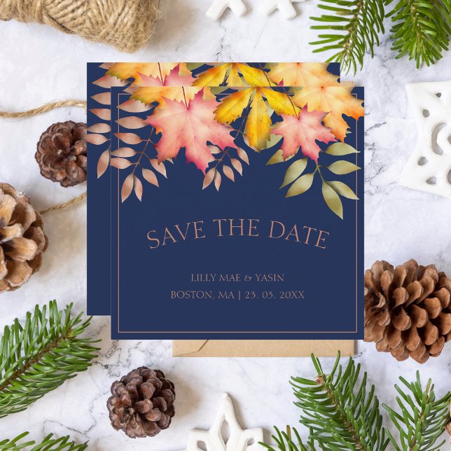 Rustic Navy Blue Fall Autumn Leaves Wedding Save The Date (Creator Uploaded)