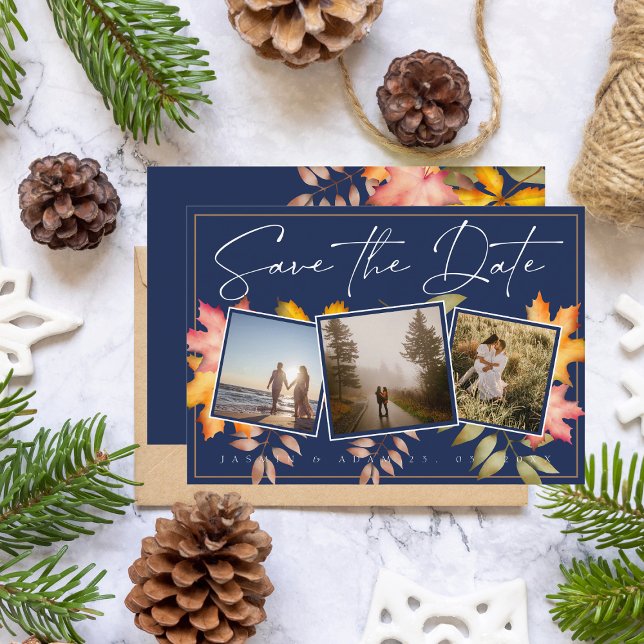 Rustic Navy Blue Fall Leaves Three Photo Wedding Save The Date (Creator Uploaded)