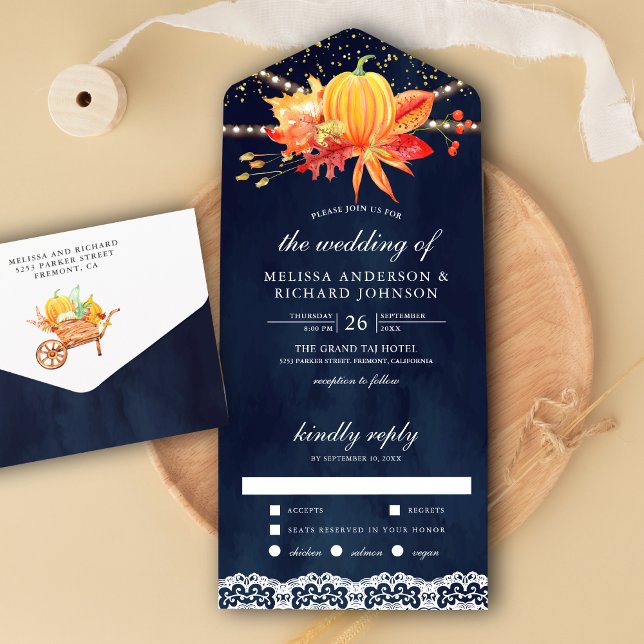 Rustic Navy Blue Fall Maple Leaves Pumpkin Wedding All In One Invitation (Creator Uploaded)