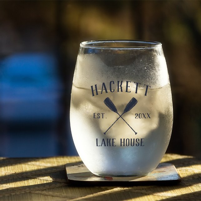 Rustic Navy Blue Family Name Lake House Oars Stemless Wine Glass (Creator Uploaded)