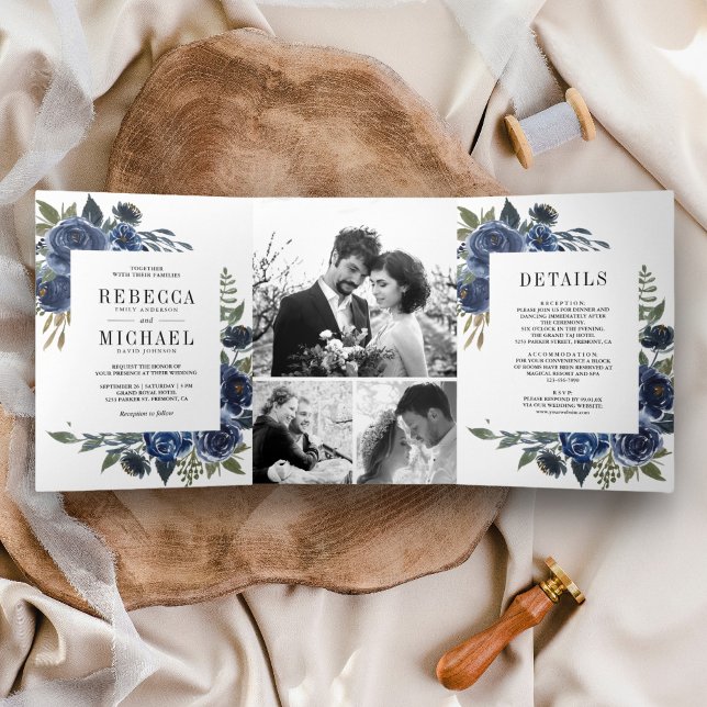 Rustic Navy Blue Floral Photo Collage Wedding Tri-Fold Invitation (Creator Uploaded)