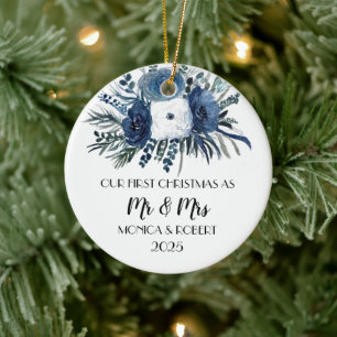 Rustic Navy Blue Floral Roses First Christmas  Ceramic Ornament