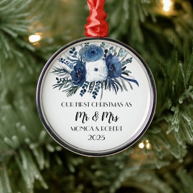 Rustic Navy Blue Floral Roses First Christmas  Metal Ornament (Tree)