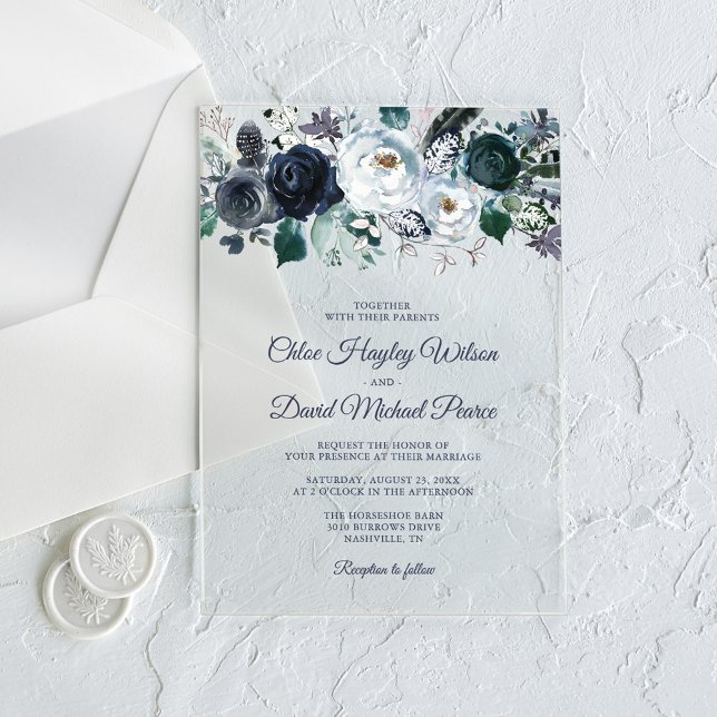 Rustic Navy Blue Floral Wedding Acrylic Invitations (Creator Uploaded)