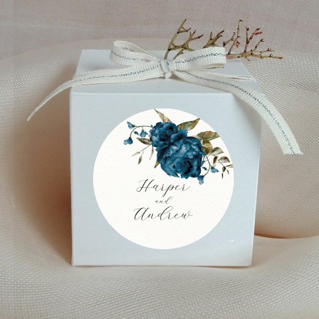 Rustic Navy Blue Floral Wedding Favour   Classic Round Sticker (Creator Uploaded)