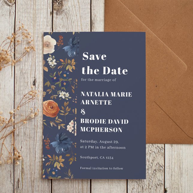 Rustic Navy Blue Floral Wedding Save the Date  (Creator Uploaded)