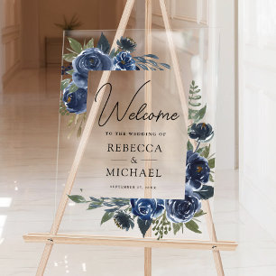 Rustic Navy Blue Floral Wedding Welcome Acrylic Sign